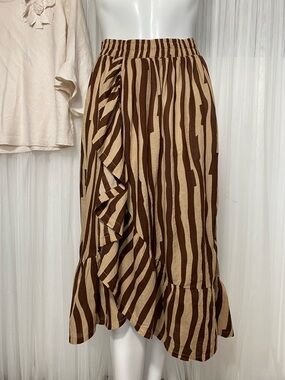 Brown & Beige Striped Ruffle Midi wrap Skirt! Elastic waistband! By Tierra Bendi